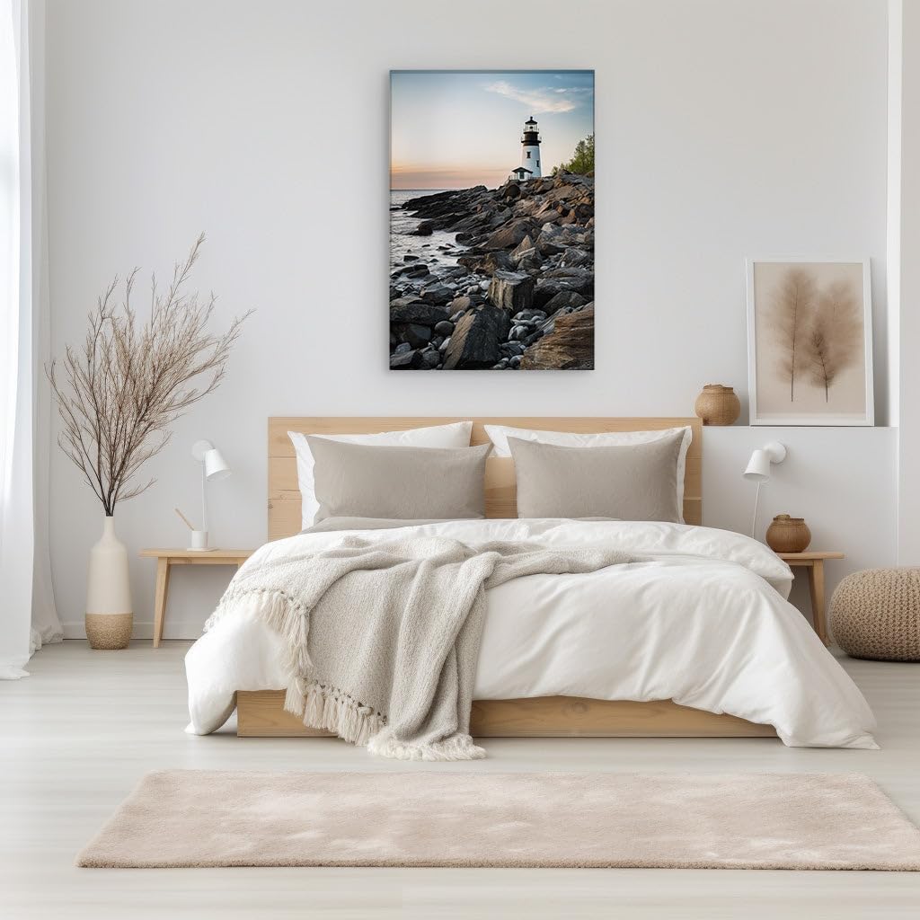 Canvas for Living room. Lighthouse Guardian of the Serene Seascape, 27 x 18 inch Canvas Wall Art - Modern Home Decor