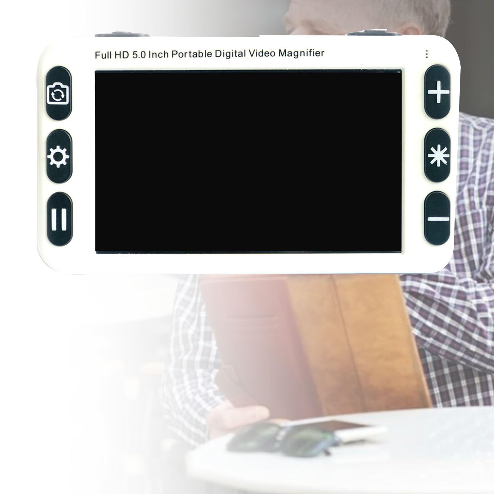 Lupa Digital portátil de 5 Pulgadas con Mango Plegable para Personas con Baja visión y daltonismo. Zoom de 2 a 48 aumentos. 26 Modos de Color. 5 Niveles de Brillo (Blanco).