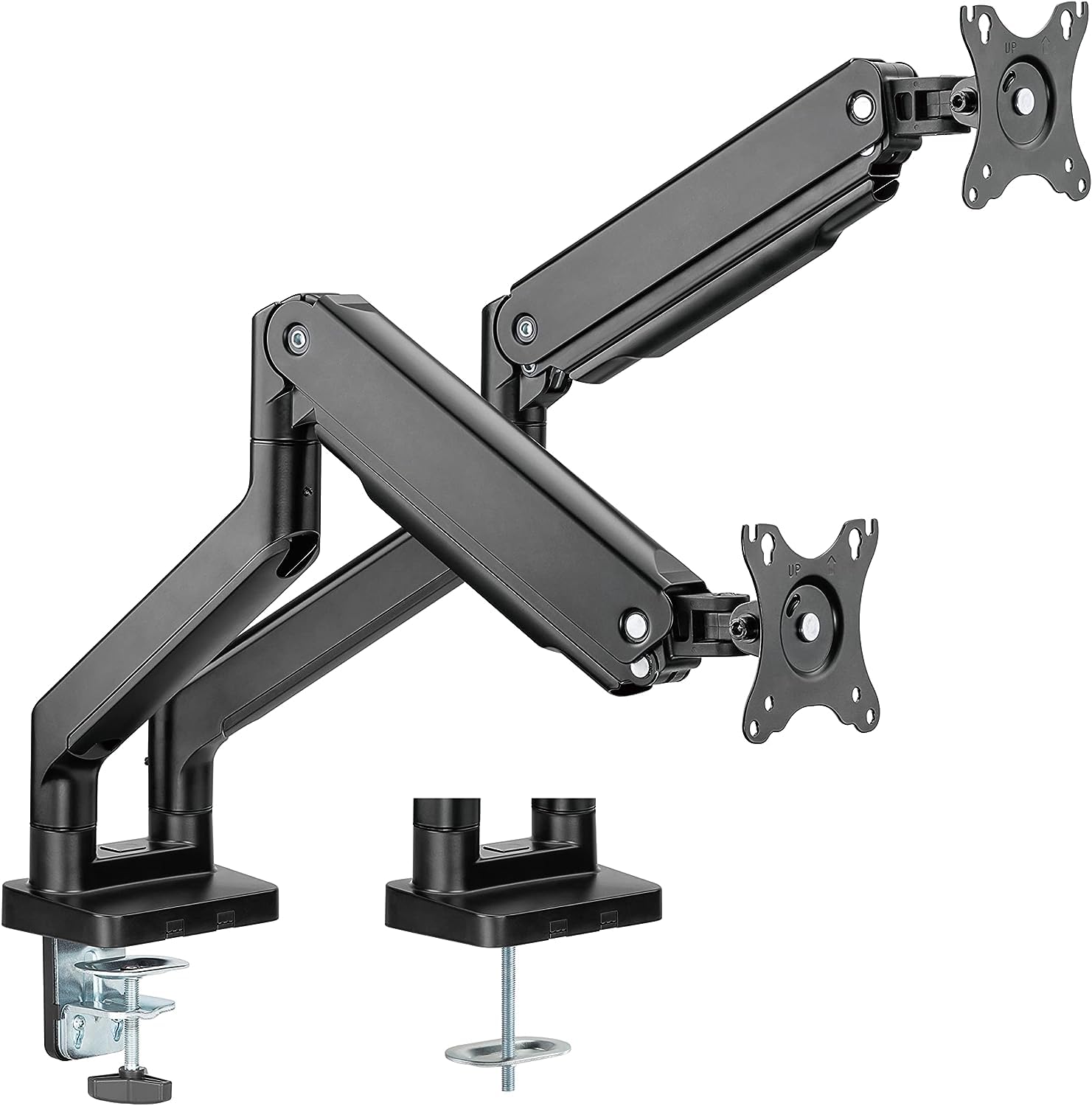 Doppio braccio per monitor per schermi da 17"-35", supporto per monitor per impieghi gravosi con 16 kg per braccio, rotazione e inclinazione regolabili in altezza, VESA 75/100 mm