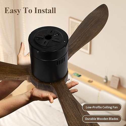 Miniatura 7 de Ventilador de techo de montaje empotrado con luz, ventilador de techo de perfil bajo, aspas de ventilador de madera, 6 velocidades, LED regulable,