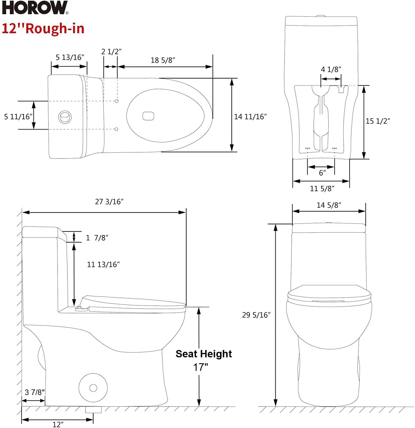HOROW HWMT-8737 Dual Flush Elongated Standard One Piece Toilet with Comfort Seat Height, Soft Close Seat Cover, High-Efficiency Supply, and White Finish Toilet Bowl - - 