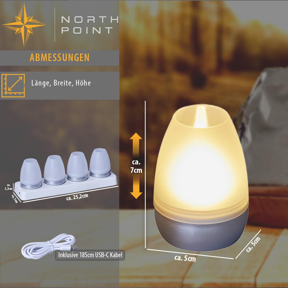 Northpoint LED Akku Lounge Lights 4er-Set mit Touchsensor Kabellos für Innen und Außen RGBW Flackereffekt mit Ladestation ca. 7 cm hoch (Silber Matt)