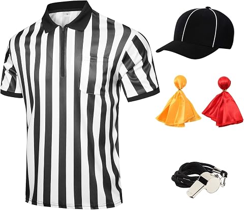 Men's Referee Costume Kit - Official Referee Shirt, Hat, Whistle, Flags for Football, Halloween