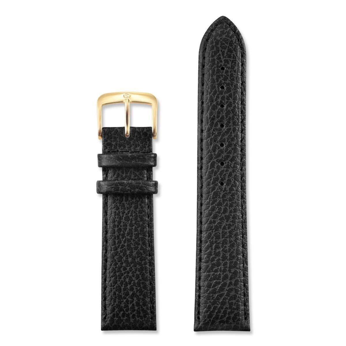 Speidel Leather Watch Band 16mm-20mm Black Cowhide Stitched Replacement Strap with Tone on Tone Stitching, Stainless Steel Metal Buckle Clasp, Watchband (16mm-Long, Black w/Silver Buckle)