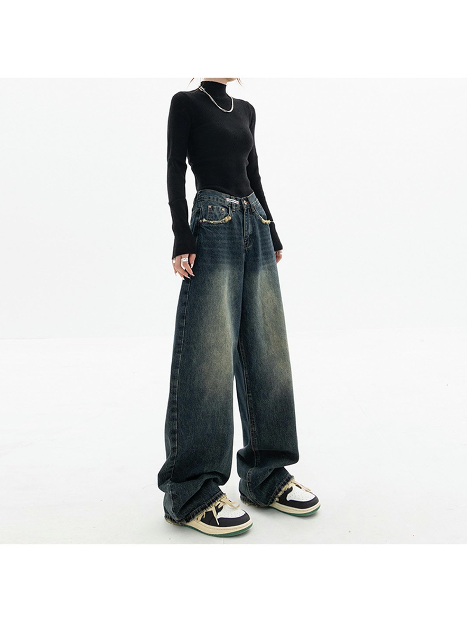 Moda Americana Streetwear Jeans a Gamba Larga Pantaloni di Jeans Femminili Pantaloni di Jeans Larghi Jeans Vintage Blu a Vita Alta da Donna Y2K-Blu Profondo-M
