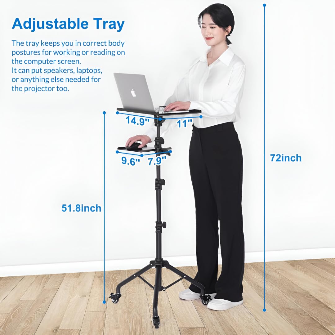 Powerpak WPH-06 4.5ft Adjustable Laptop Tripod Stand with Wheels | Heavy-Duty Projector Floor Stand with 2 Shelves for Projector Tripod Music, Office Home Portable Laptop