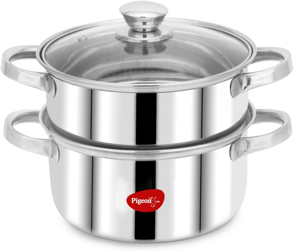 Pigeon By Stovekraft Steel X Steamer Stainless Steel Induction Base, Modak Maker/Momo Maker, Dual Compartment With Glass Lid, 4.6L Capacity, Silver, 4.6 litres