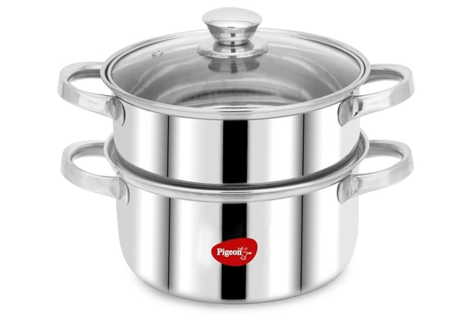 Pigeon By Stovekraft Steel X Steamer Stainless Steel Induction Base, Modak Maker/Momo Maker, Dual Compartment With Glass Lid, 4.6L Capacity, Silver, 4.6 litres - Expert Choice Deal with 57% Discount on Amazon | Valzo