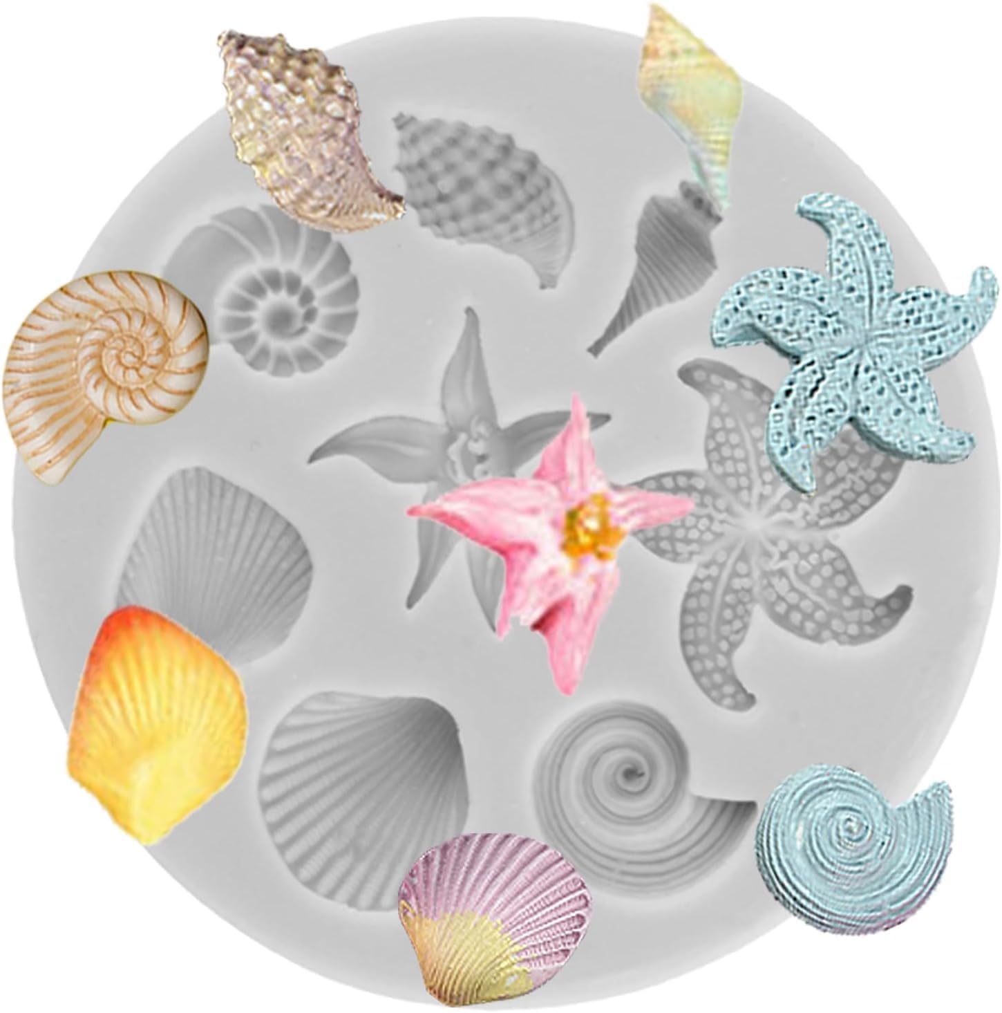 8 Cavity Sea Shell Conch Starfish Shape Silicone Baking Mould For Chocolate Fondant Candy Marine Beach Theme Cake Decoration Cupcake Topper Cookie Jelly Gummy Polymer Clay Wax Resin Charm Mold