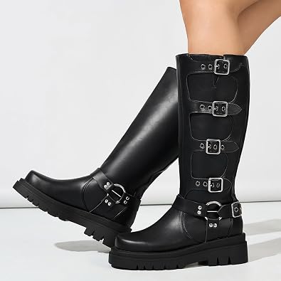 Kluolandi Women's Knee High Motorcycle Riding Boots with Buckle Rivet Square Toe Pull On Wide Calf Biker Boots