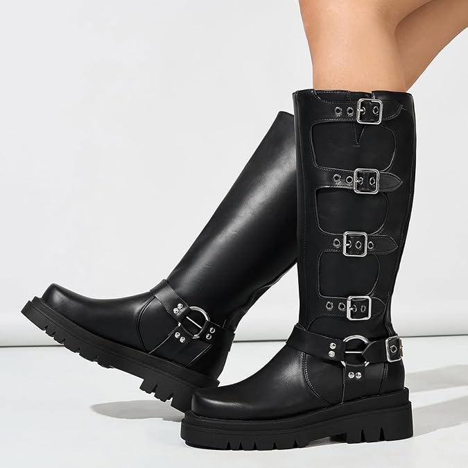 Kluolandi Women's Knee High Motorcycle Riding Boots with Buckle Rivet Square Toe Pull On Wide Calf Biker Boots