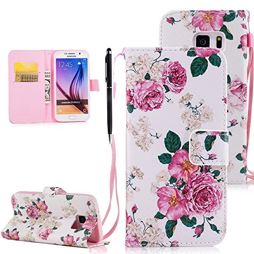 Case for Samsung Galaxy S7, Hancda PU Leather Flip Wallet Case Magnetic Closure with Card Holder Slot Hand Strap Colourful Drawing Printed Stand Protective Cover Shell for Samsung Galaxy S7 - Flowers 3