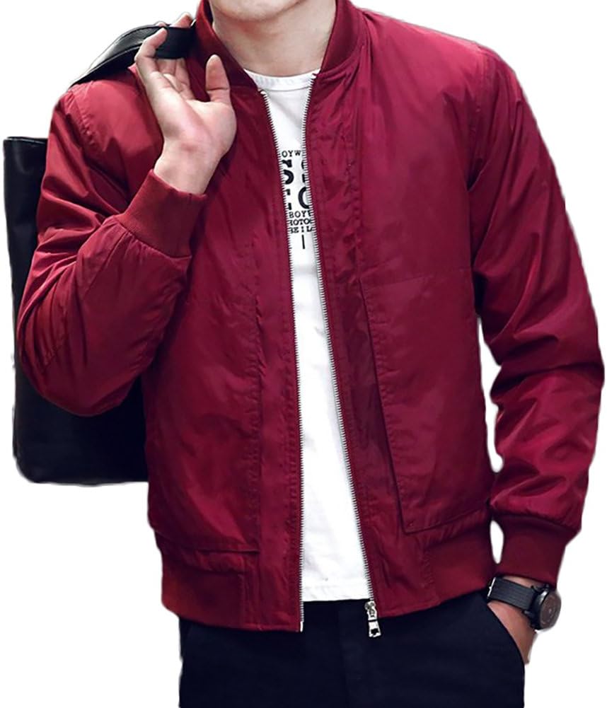 BINGKA Mens Bomber Jacket Softshell Sportswear Lightweight Slim Jacket Coat, Red, US Size XS (Asian Size L)