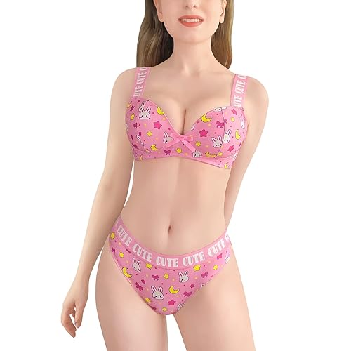 Littleforbig Women Nightwear Strap Sleepwear Cami Top and Thong Bralette Set - Usagi Sporty - Small - Pink