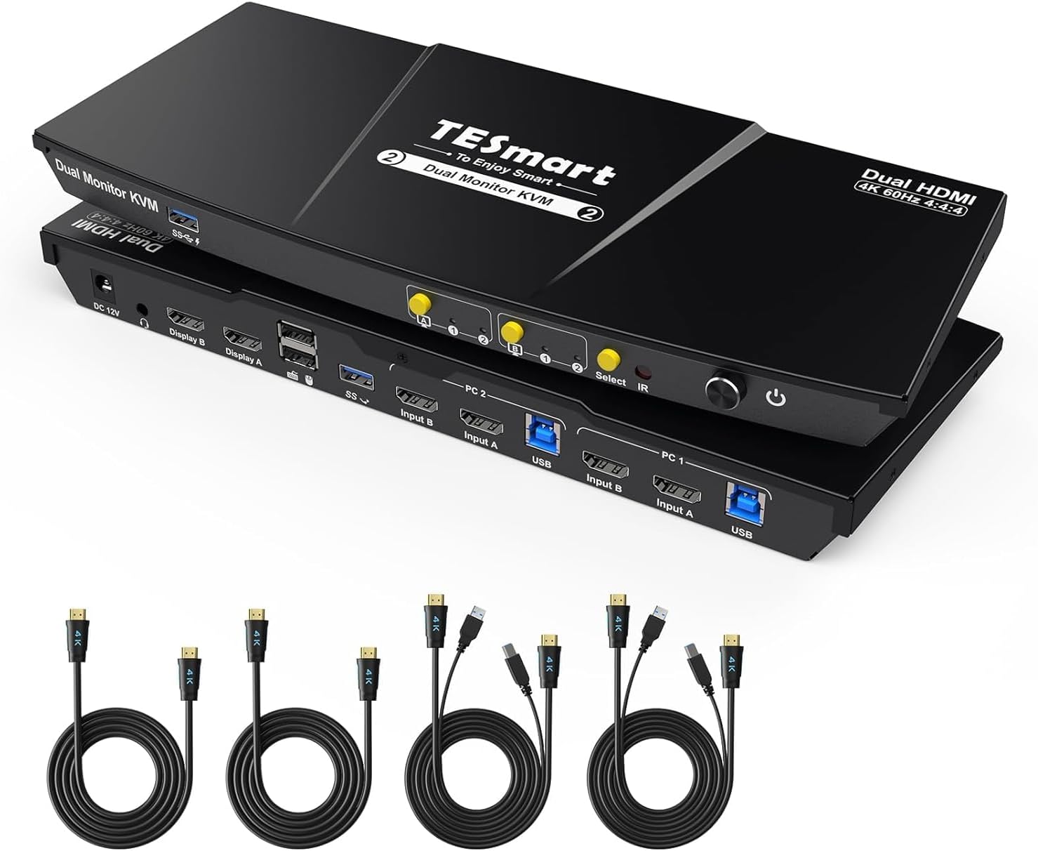 TESmart USB 3.0 HDMI KVM Switch 2 Monitors 2 Computers 4K@60Hz, Dual Monitor KVM Switch HDMI 2 Port Extended Display, Audio&Microphone, EDID Emulators, Button Switch with Input Cables,Hotkey Switch