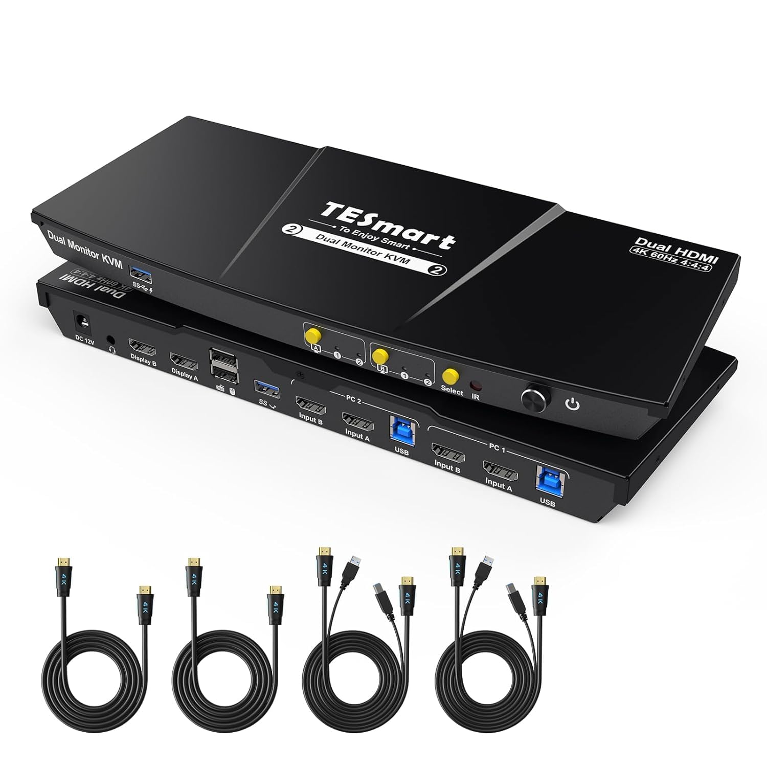 TESmart USB 3.0 HDMI KVM Switch 2 Monitors 2 Computers 4K@60Hz, Dual Monitor KVM Switch HDMI 2 Port Extended Display,EDID Emulators, Audio&Microphone, Hotkey Switch, Button Switch with Input Cables