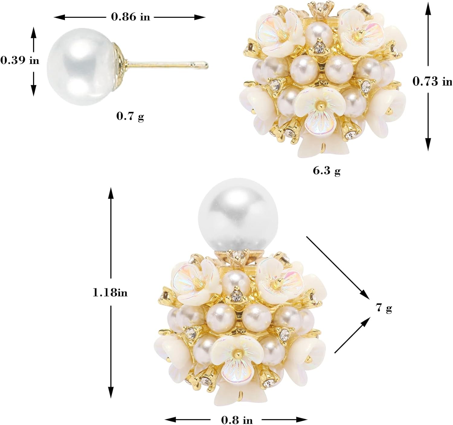 Numgug Shell Flower Pearl Earrings Ball Pearl Double Sided Stud Front Back Earrings for Women Girls 14k Gold Plated Inlaid Created Zircon Pearl Stud - Image 5