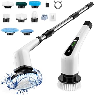 Bomves Cordless Electric Spin Scrubber: 8 Replaceable Heads, 90Min Battery, 3 Adjustable Lengths (12-54in), 2 Speeds for Bathroom, Kitchen, Car