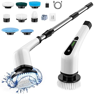 Electric Spin Scrubber, Cordless Cleaning Brush Scrubber for Home, 8 Replaceable Brush Heads-90Mins Work Time, 3 Adjustable Size, 2 Speeds for Bathroom Shower Bathtub Glass Car