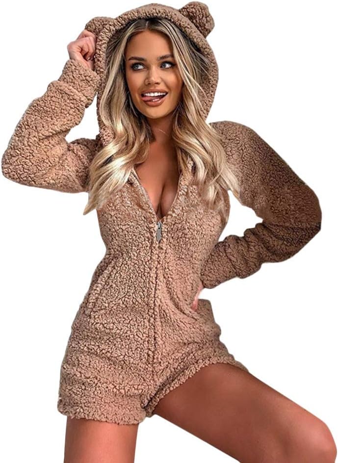 Onsoyours Women Cute Bear Pajamas Nightwear Onesies Overall Jumpsuit All in One Piece Warm Coral Fleece Sleepwear Body Suit House Sleepsuit with Hood Zipper