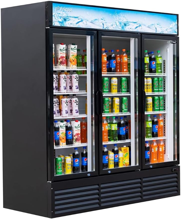 Merchandiser Refrigerator 3 Glass Door, 56 cu ft Beverage Display Cooler, Commercial Upright Fridge with LED Lighting, Adjustable Shelves for Displaying Beverages, Beer, and Drinks, Black