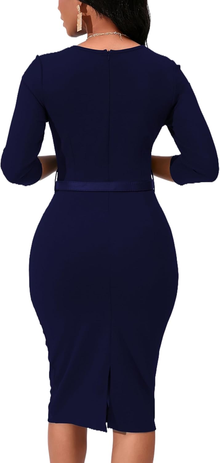 Womens 1950s Vintage Bodycon Pencil Midi Dress 3/4 Sleeve Work Church Knee Length Sheath Dress with Belt Belt - Image 6