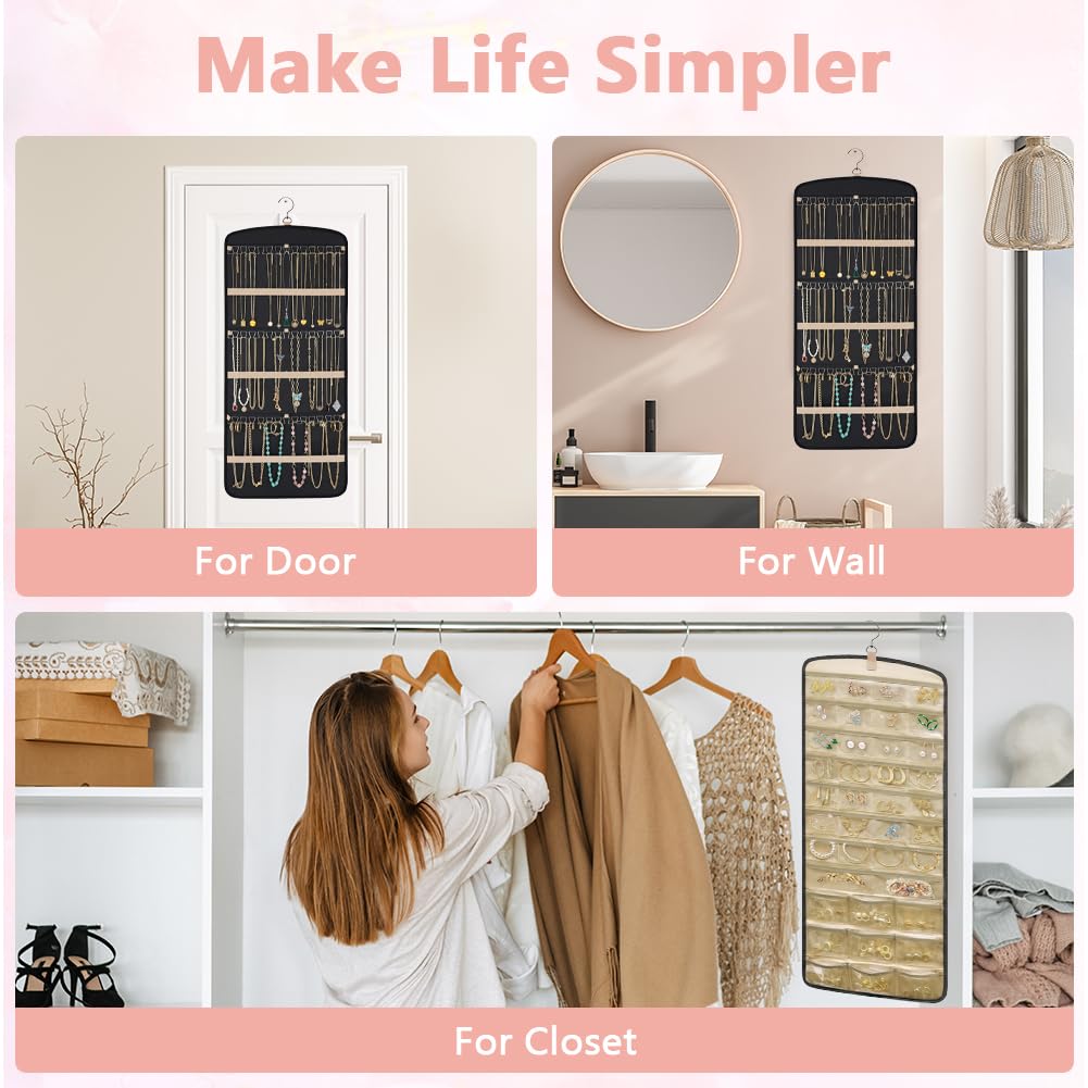 Aucuu Organizer per Gioielli da Appendere, Hanging Jewelry Organizer per Armadio, Storage Doppia Faccia per Gioielli, Porta Orecchini da Parete con 39 Tasche e 3 ganci a Forma di Onda