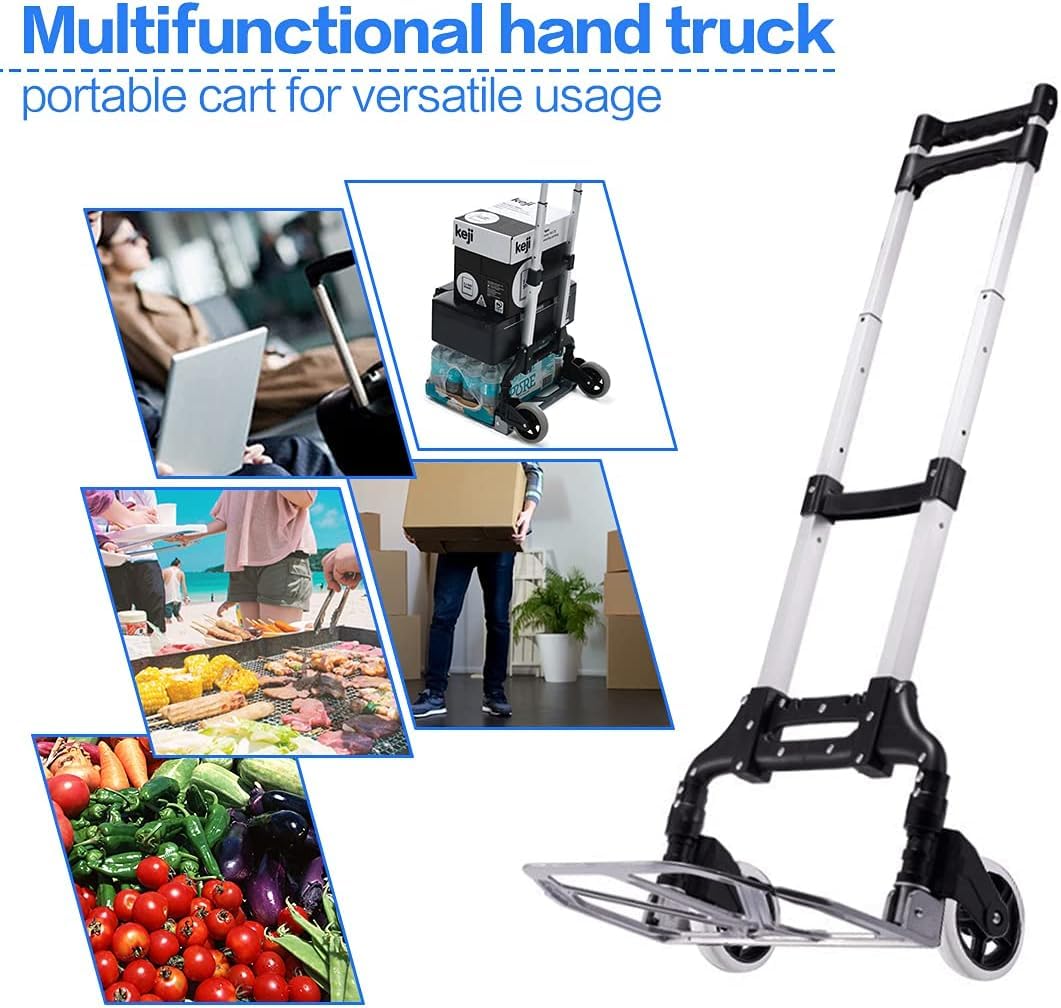 Handkarre klappbare Sackkarre Aluminium Trolley Faltbare Cart mit Teleskopgriff, 2 Gummirädern & Bungee-Seil für Gepäck, Reisen, Auto, Umzug, Airport, Einkaufen und Büro