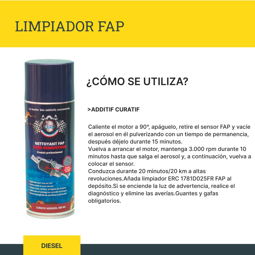 ERC | Limpiador FAP obstruido | Aerosol | Disuelve el hollín, cenizas y depósitos de carbono | Limpiador FAP sin desmontaje | Restaura el rendimiento del motor | Para motor diesel | 400 ml