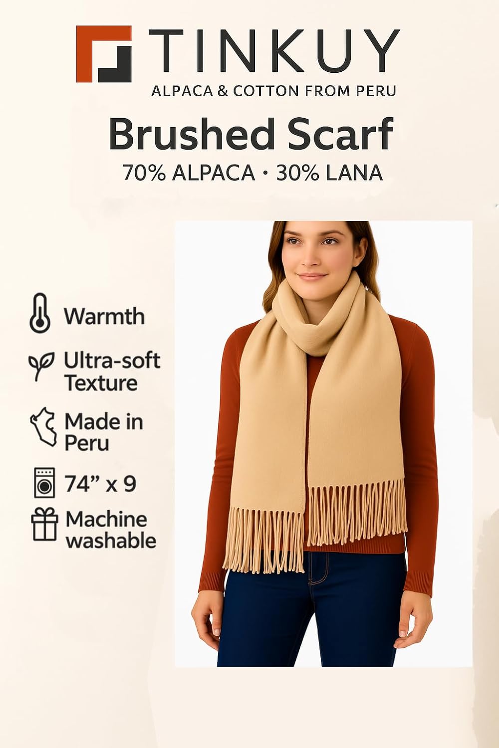 TINKUY PERU Alpaca Wool Blend Scarf – Handmade in Peru – Soft, Warm & Lightweight – Unisex Winter Shawl – Luxury Gift - Image 5