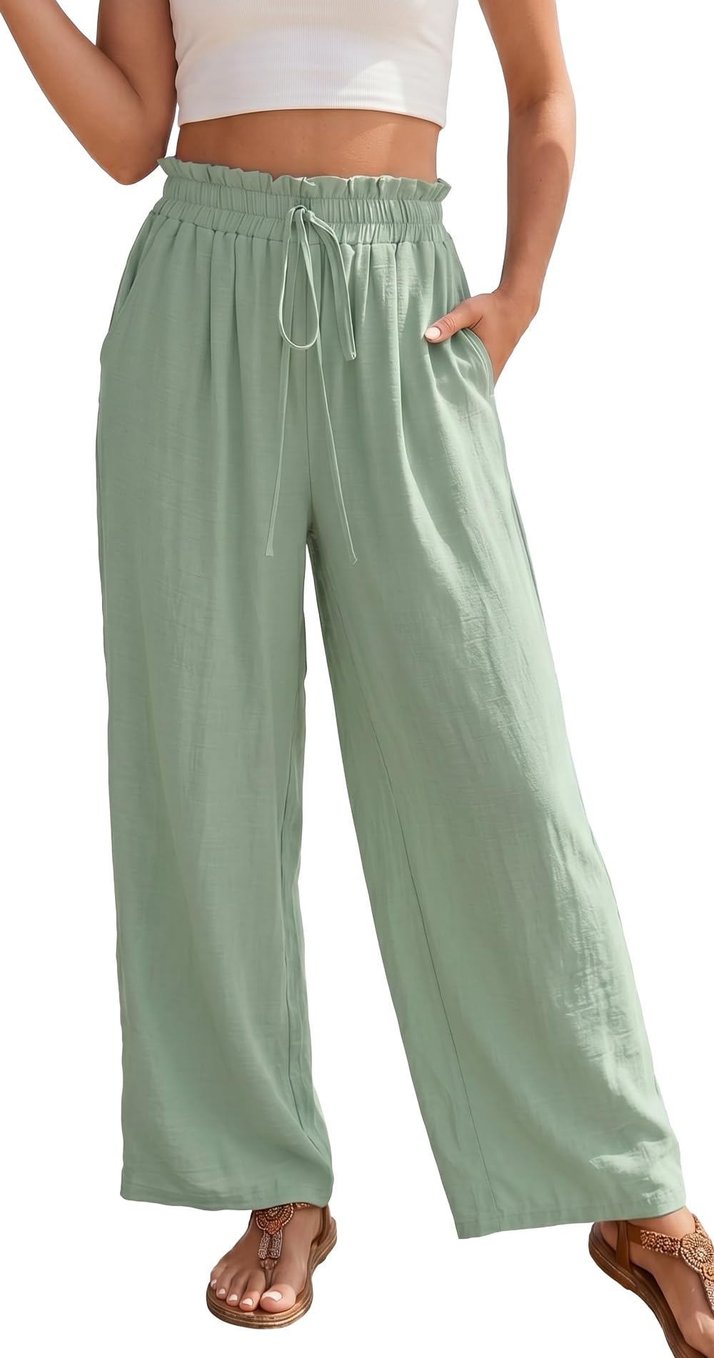 YUTILA Damen Sommerhose Weite High Waist Strandhose Boho Leichte Luftig Freizeithose mit Taschen Palazzo Hose Einfarbig & Muster