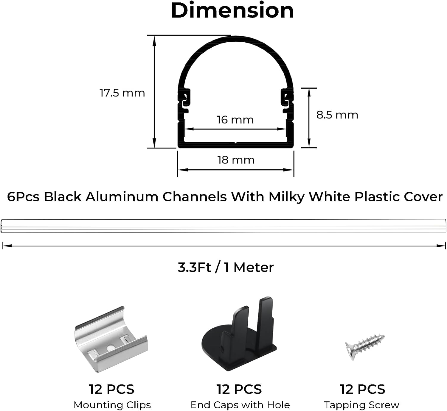VST 6Pack 3.3FT/1M Excellent Spotless LED Channel System with Milky White Cover Black Aluminum U Shape LED Channel for LED Strip Lights