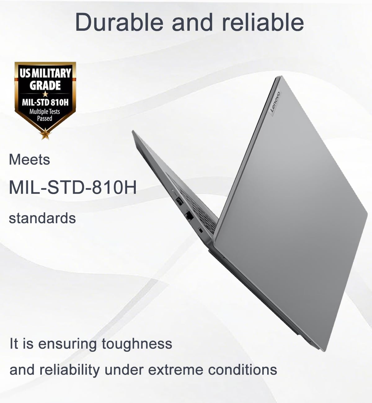 Laptop with a US Military Grade MIL-STD-810H badge, indicating durability and reliability under extreme conditions.