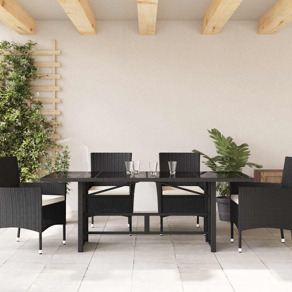 Stół ogrodowy z polirattanu ze szklanym blatem, czarny, 190 x 80 x 74 cm, odporny na warunki atmosferyczne, łatwy w pielęgnacji, na taras, balkon, do użytku na zewnątrz, odporny na