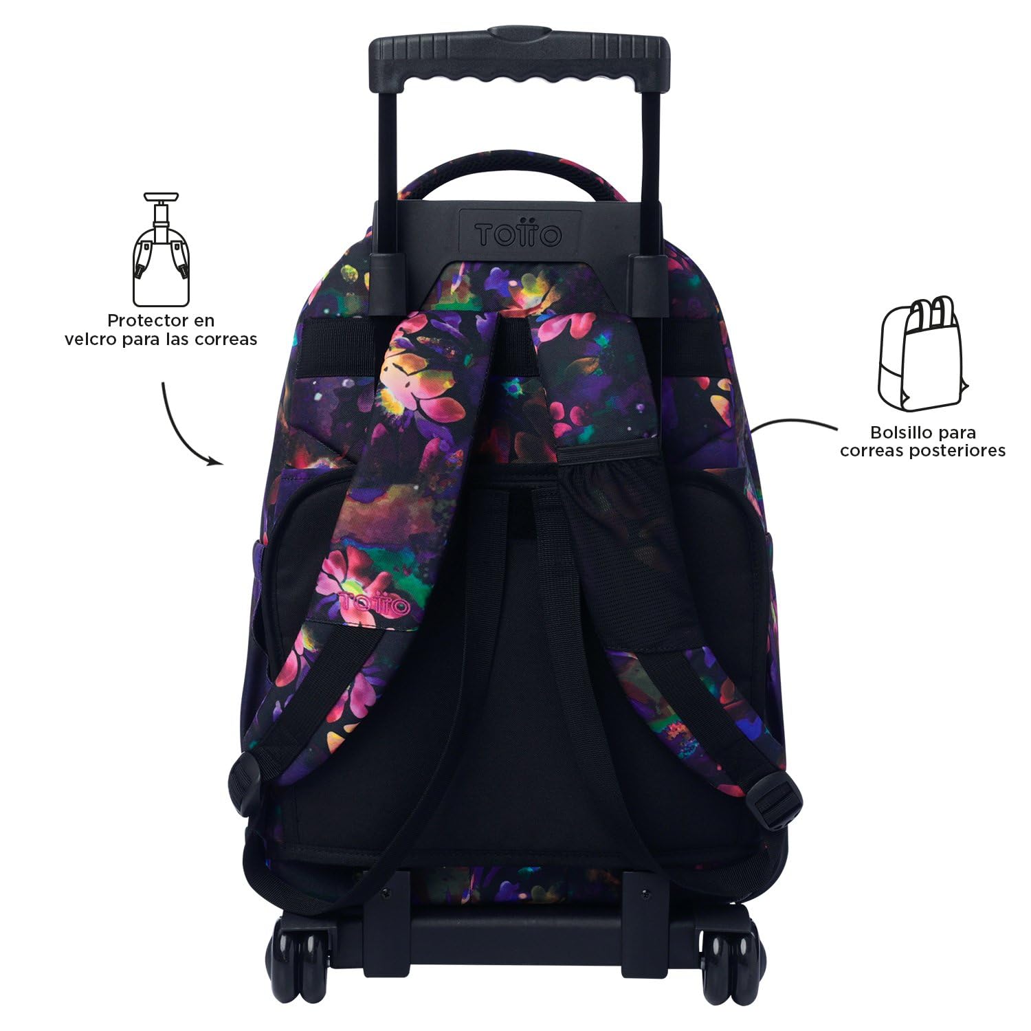 TOTTO - Mochila Escolar con Ruedas, Modelo Renglones, Capacidad 26,21 Litros, Bolsillo para PC 14", Bolsillo Botella, Correas en S para Mayor Comodidad, Resistente, Estampado Flower Galaxy