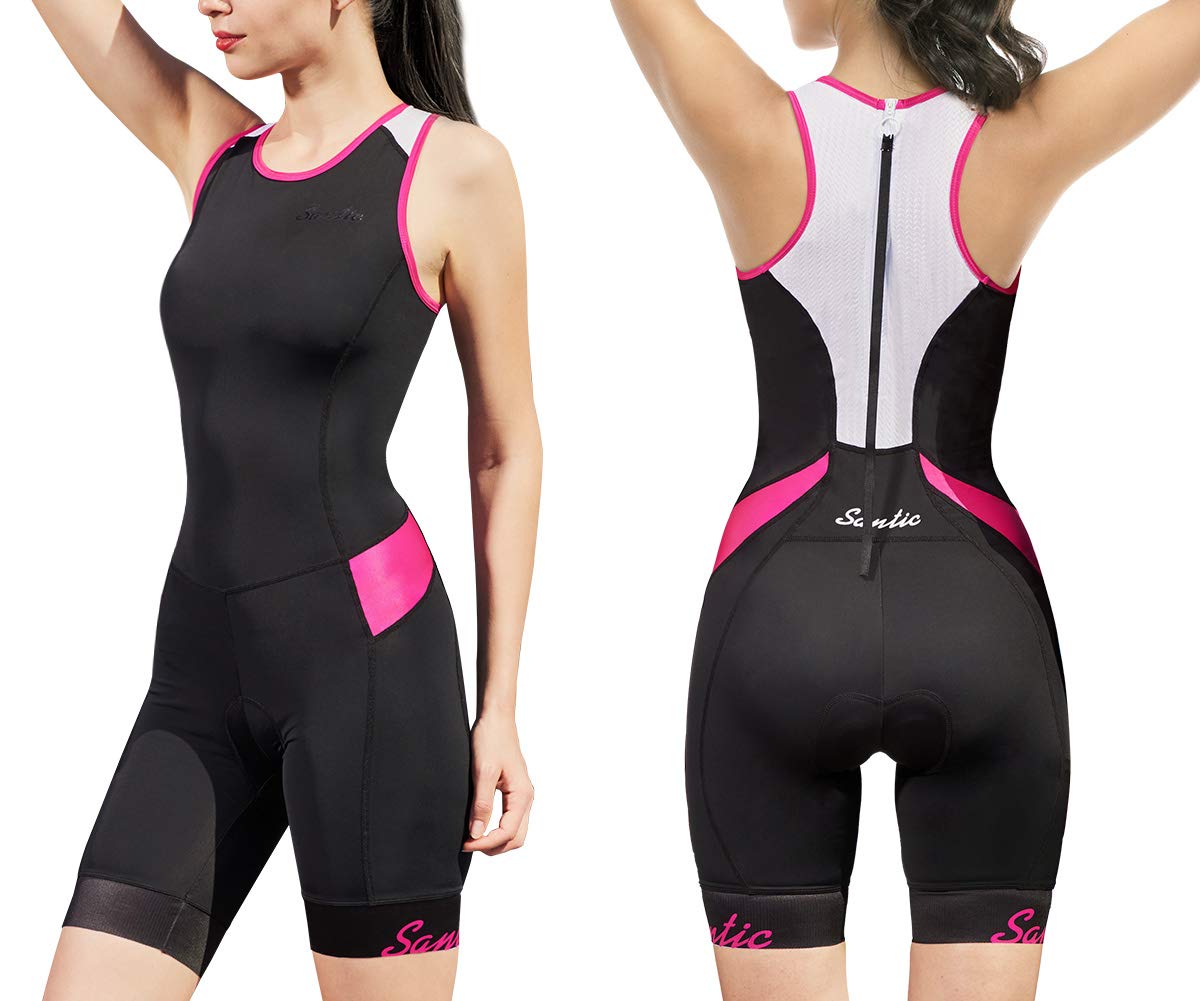 Combinaison de triathlon une pièce sans manches pour femme - Rembourrée - Séchage rapide - Pour la course à pied, la natation, le cyclisme, Noir/rosé, X-Small