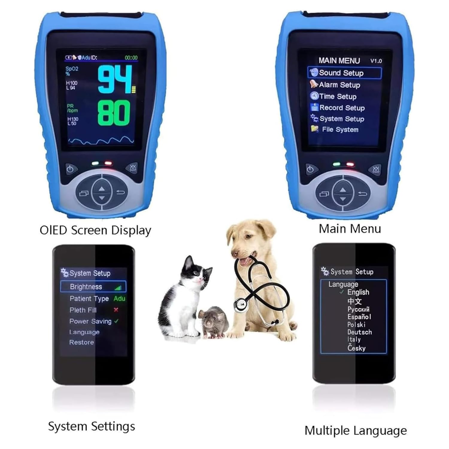 Monitor portátil de oxígeno para animales, oxímetro de pulso veterinario, pantalla LCD de 2,8 pulgadas, con sensor para oreja y lengua, sonda de temperatura, para gatos, perros y hospitales de mascota