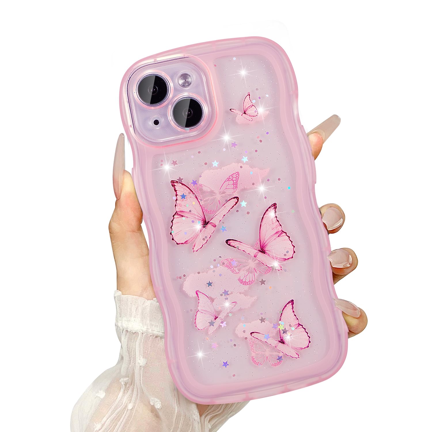 UEEBAI Wave Butterfly Case for iPhone 14 Plus Case, Pretty Bling Star Butterfly for Women Cute Shiny Glitter Phone Cover for Girls Bling Clear Cover