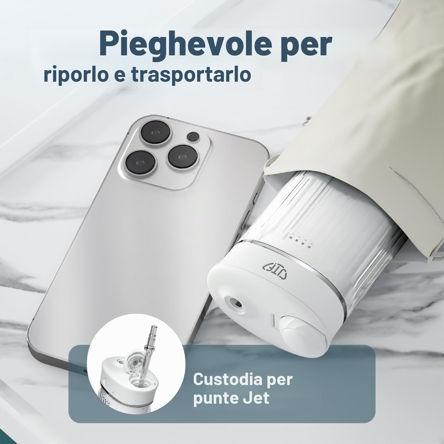 JTF Idropulsore Dentale Mini, Portatile Irrigatore Dentale Viaggio con 5 Ugelli Ricambio, 4 Modalità, IPX7 Impermeabile, 230 ML Erbatoio Dell'acqua Retrattile (Bianco)