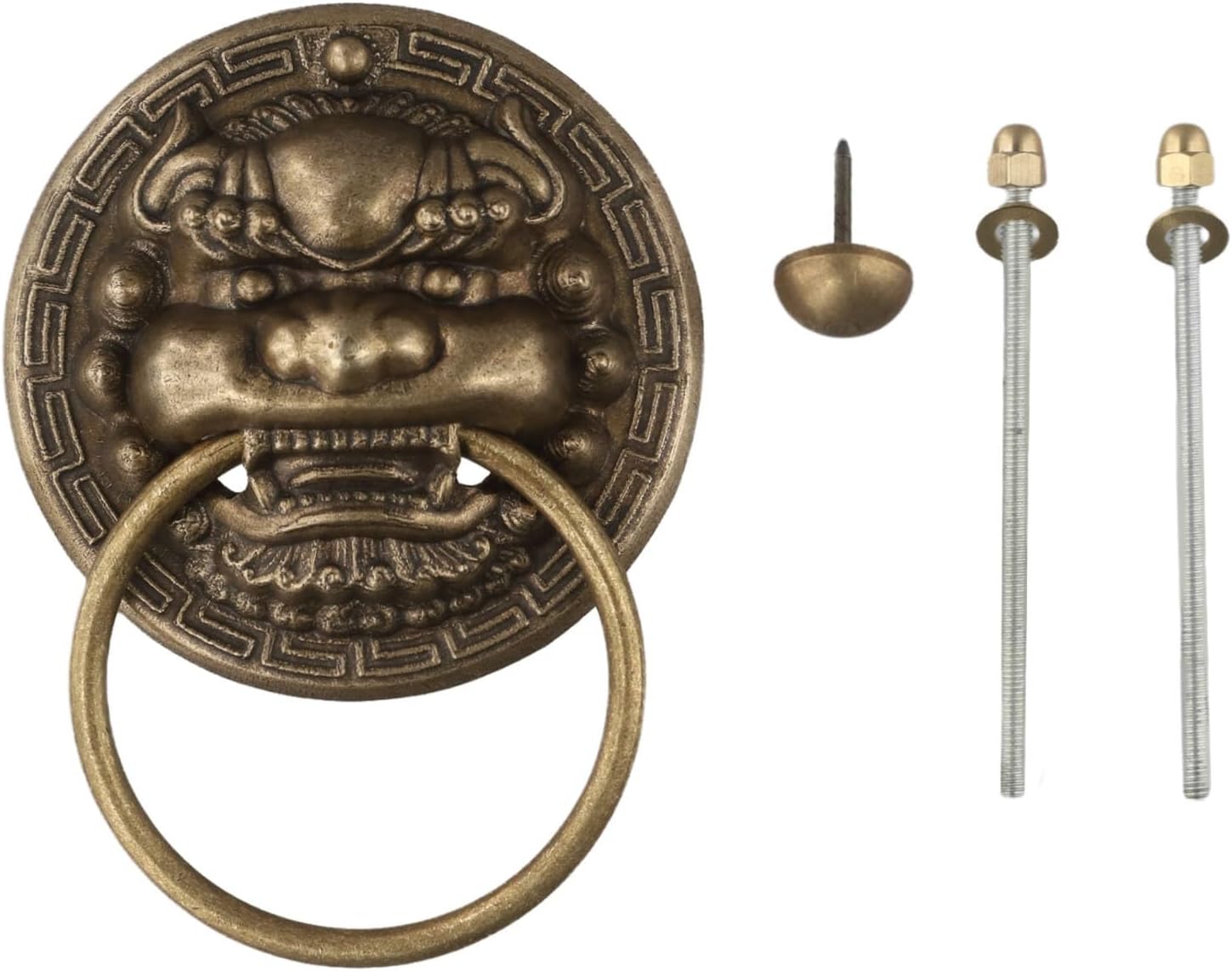 Vintage Brass Door Knocker, Antique Bronze Beast Head Door Handle with Traditional Chinese Style, 100mm x 100mm Retro Gate Ring for Villa Courtyard Entrance