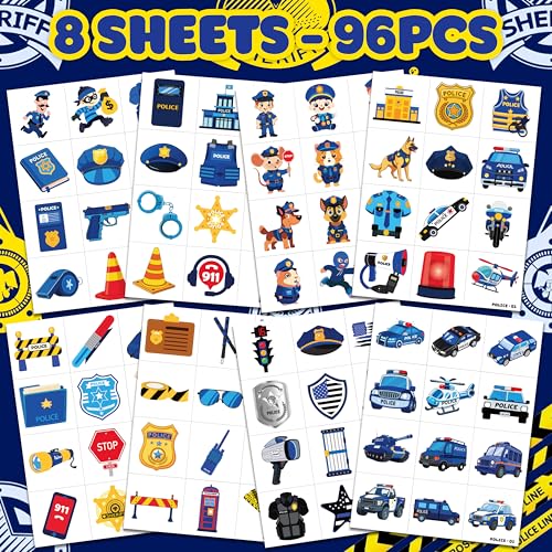 Image of 96 PCS Police Pre-Cut Temporary Tattoos for Kids Birthday Party Favors | Police Car Officer Policeman Theme Party Supplies, Decorations, Fake Tattoo Stickers, School Rewards & Gifts Boys & Girls