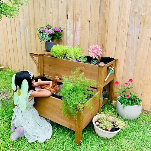 Image of ketive 2-Tier Raised Garden Bed with Legs Outdoor Elevated Garden Box,Storage Shelf,Protective Liner for Backyard,Patio,Balcony,55x42x30in (Brown)
