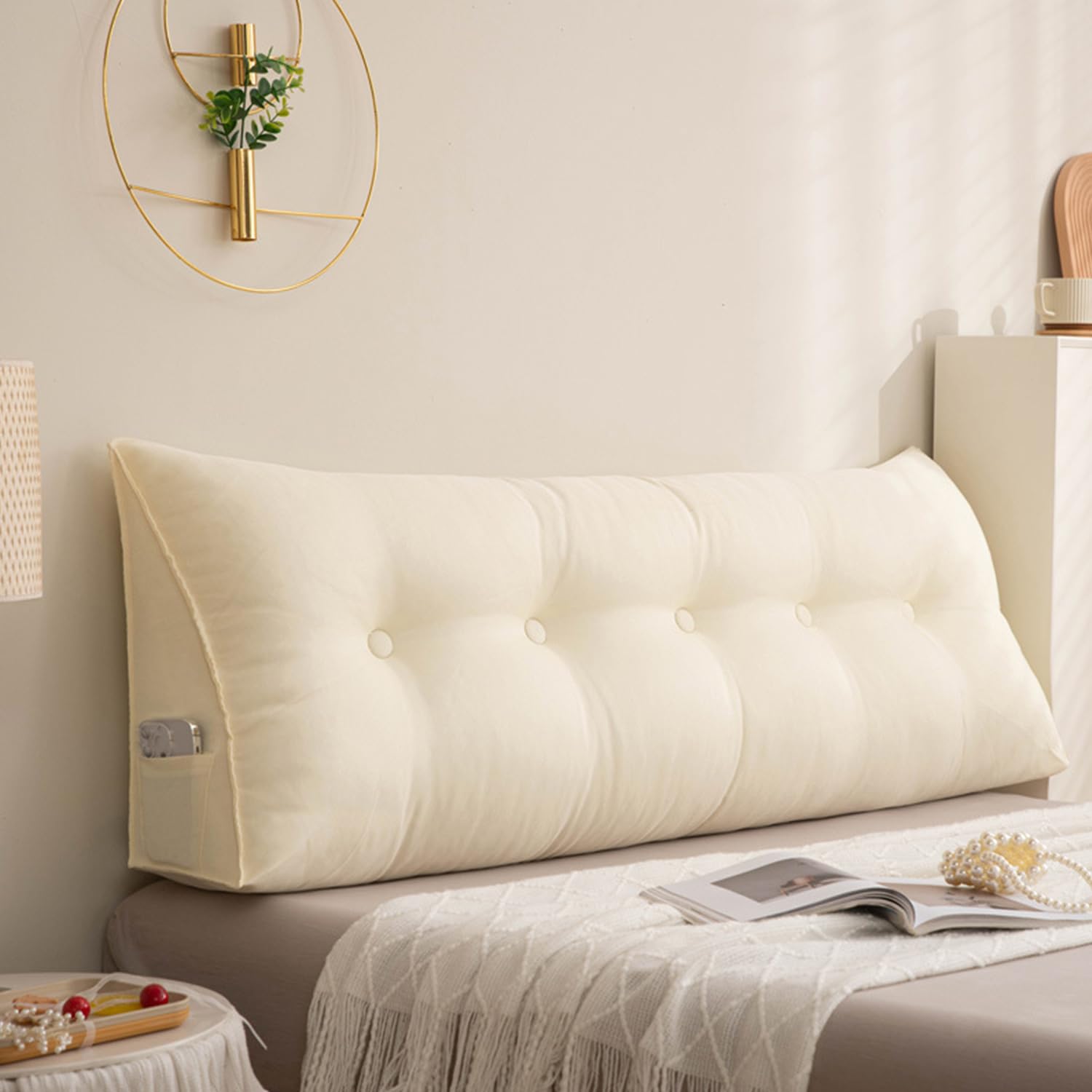 Wedge Pillow Headboard,Triangular Headboard Cushion,Cotton And Linen Backrest Pillow,Backrest Cushion Bed,Backrest Positioning Support,King Size Triangular Bedside Cushion(200*50*20cm,Off-White)