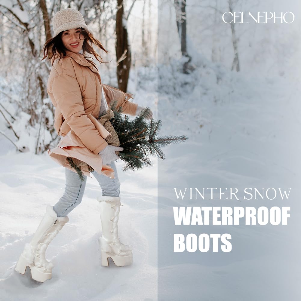 CELNEPHO Knee High Boots For Womens Side Zipper Warm Faux Fur Platform Chunky Heel Punk Goth Walking Winter Snow Boots: 7 A-white
