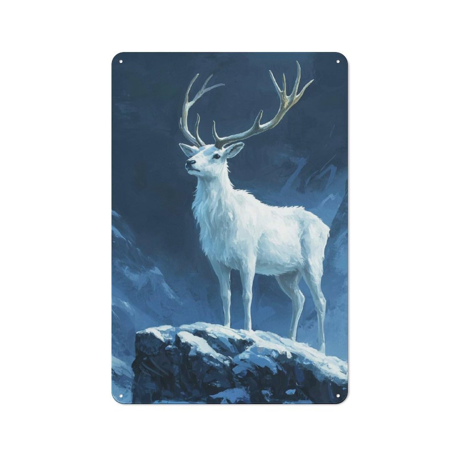 Junmoney White Stag In Snowy Mountains Metal Wall Art Sign 30X20cm, Old Fashioned Nostalgic Wall Art For Living Room, Hallway, Kitchen Or Cafe