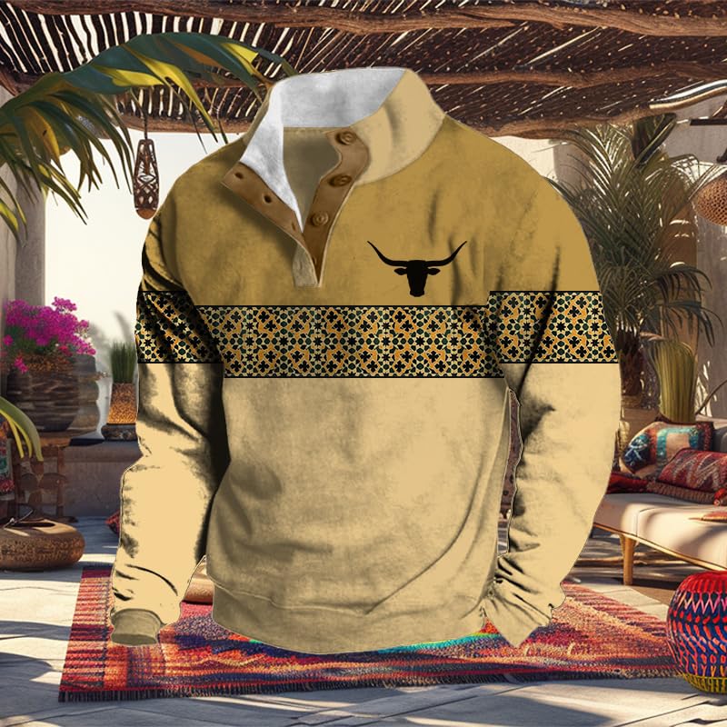 Retro Long Sleeve Sweatshirts for Men Fall West Cowboy Country Aztec Bull Print Stand Collar Button Pullover3