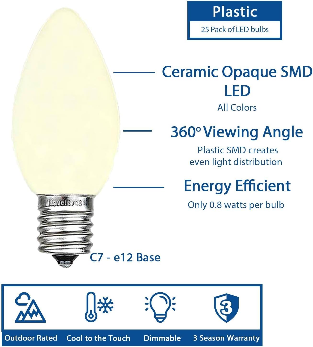 Novelty Lights 25 Pack C7 Ceramic Style LED Christmas Lights, Opaque Warm White Replacement Bulbs with E12 Base, Shatterproof Plastic, 3 Ultra-Bright SMDs Per Bulb, Energy Efficient 0.5W