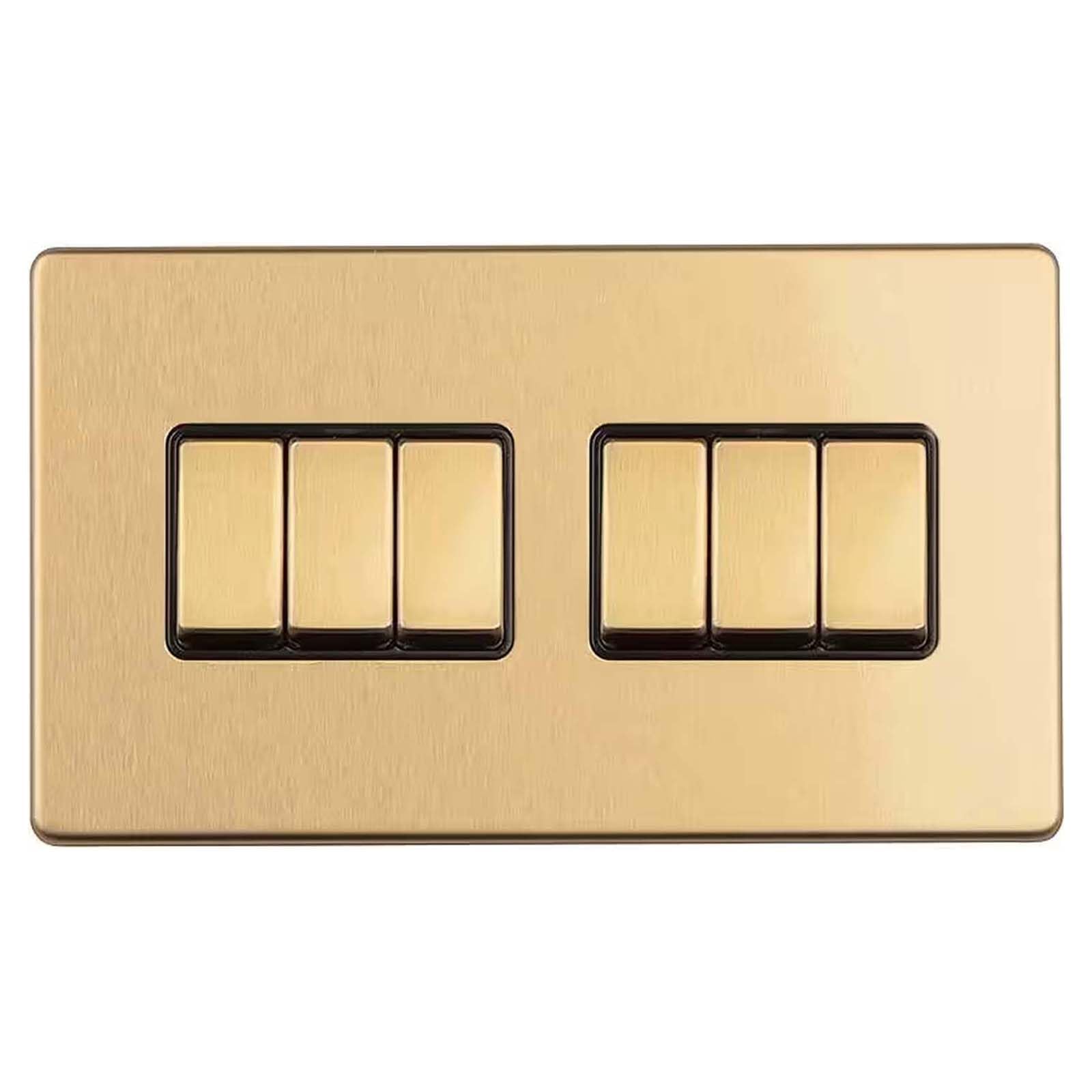 Antique Gold Satin Brass Screwless Six Gang Light Switch 10 Amp 2 Way Flat Concealed Plate