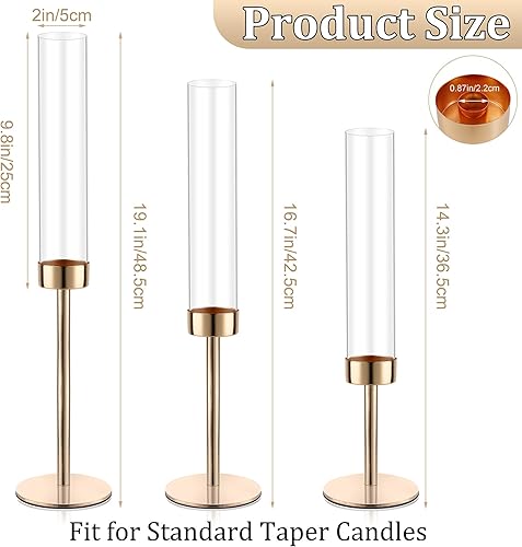 Miniatura 4 de Portavelas dorados de huracán, juego de 3 portavelas cónicos de cristal, soportes de metal para velas a granel con cubierta de vidrio para mesas de