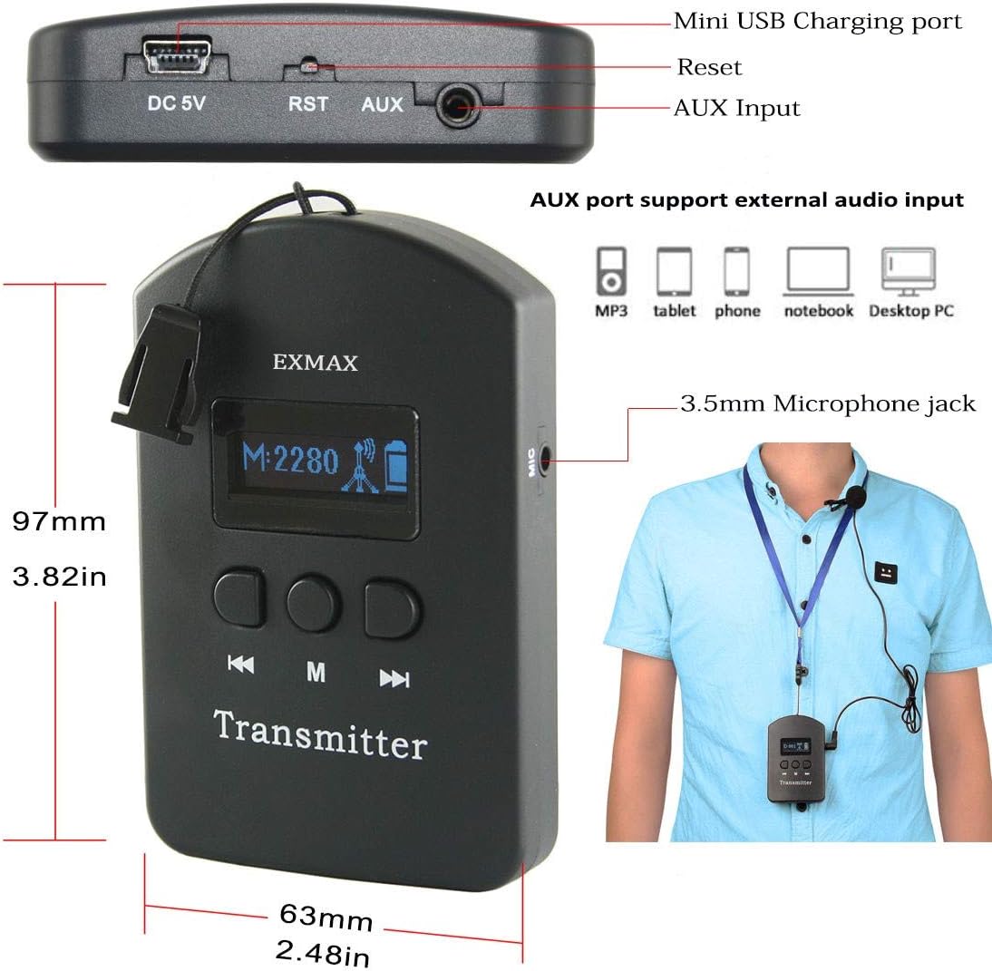EXMAX EXD-101 2.4GHz Wireless Voice Transmission Translation System Receiver Last for 23 Hours Working Time Ideal for Travel Team,Conference,Church(2 Transmitters 100 Receivers)